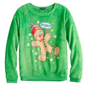 NWT Juniors Oh Snap Gingerbread Fuzzy Graphic Fleece Sweatshirt size Small